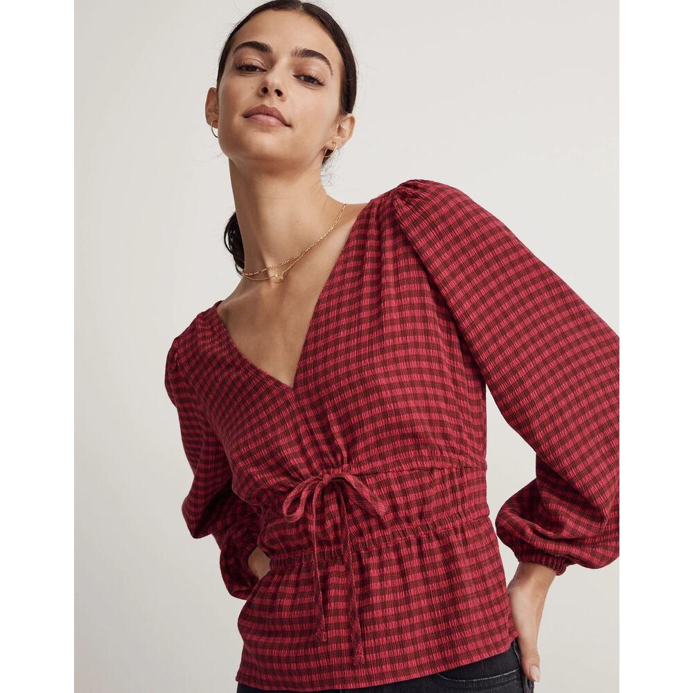 Madewell Plaid Peplum Top Red V Neck Crinkled Long Sleeve Blouse Size XS
